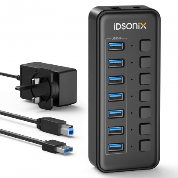 Ảnh Bộ chia 7 cổng USB 3.0 công tắc riêng IDSONIX IBU3-7A-US-BK-BP 1