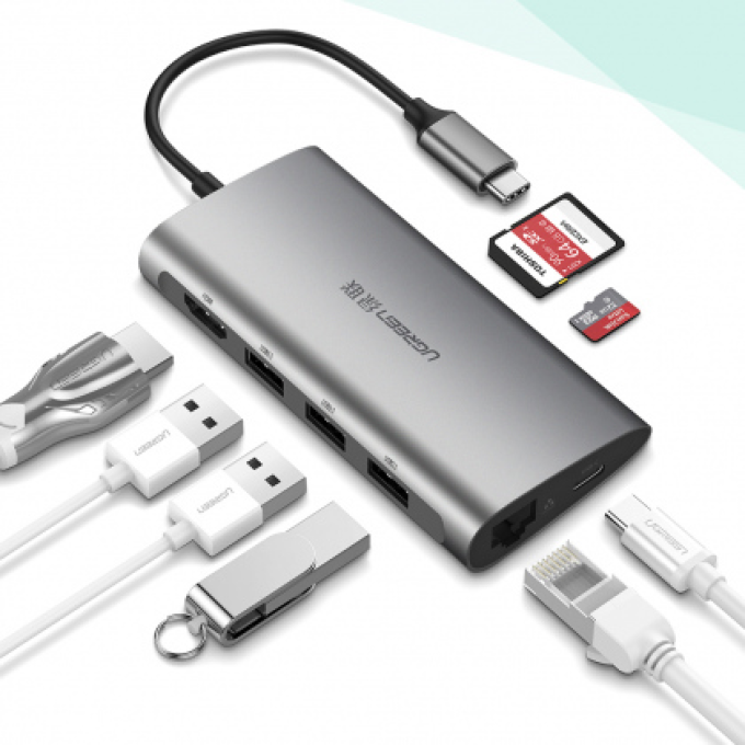 Ảnh Hub USB Type-C 8 Cổng HDMI/USB 3.0/SD/TF/LAN Gigabit (RJ45) Ugreen 50538 1
